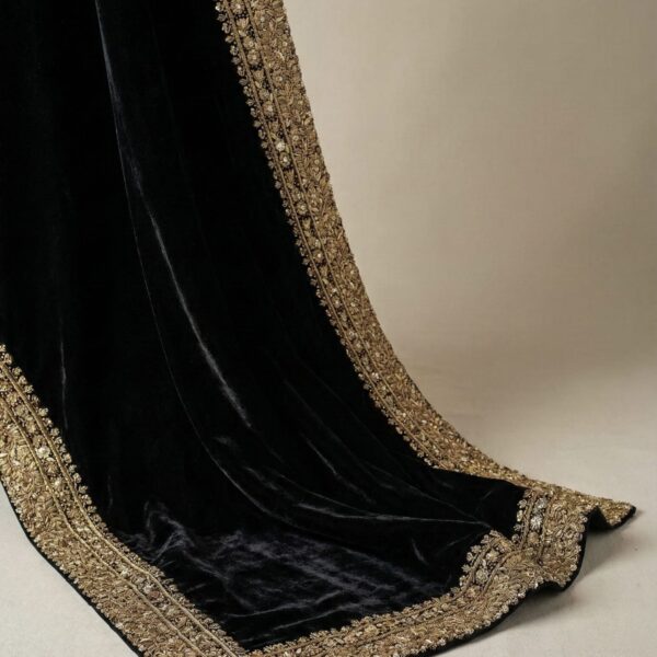 Shab-e-Zamani black pure silk velvet shawl with antique gold zardozi border