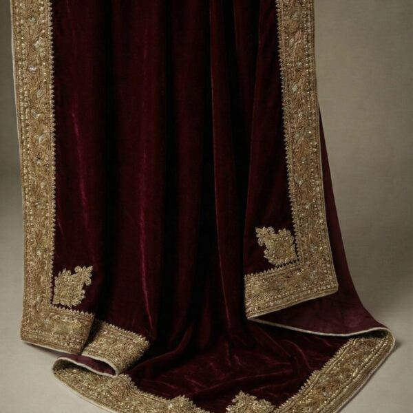 Zar-e-Zamani regal pure silk velvet shawl with antique gold zardozi border