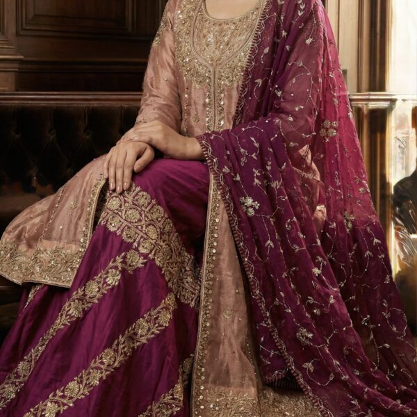 Iris rose-gold pure silk gharara ensemble with zardozi