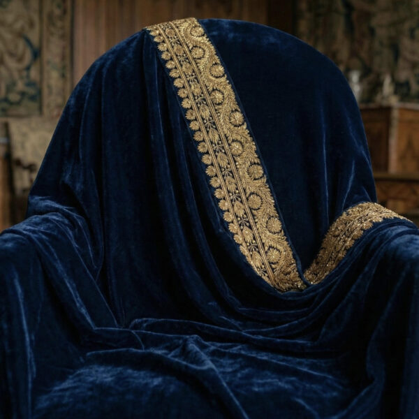 Aab-e-Zamani obsidian blue pure silk velvet shawl with antique gold zardozi border