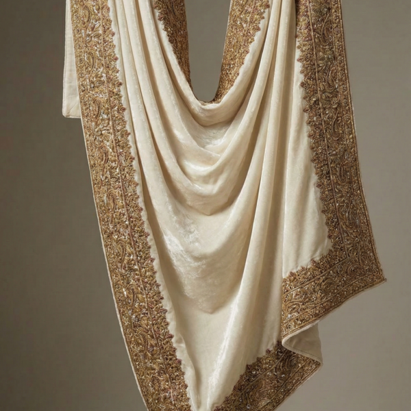 Noor-e-Zamani ivory pure silk velvet shawl with antique gold zardozi border
