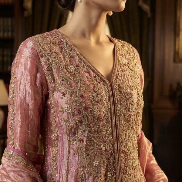 Zar Gul bright pink and gold silk tissue bridal gown ensemble