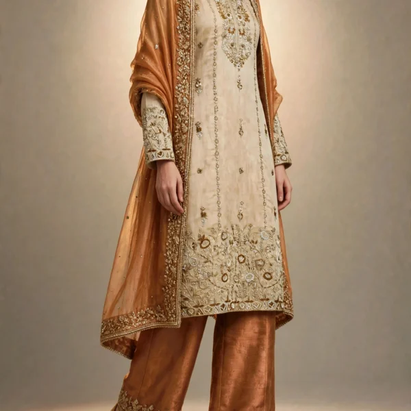 Full-length portrait of Zarafshan ivory and copper silk kurta set