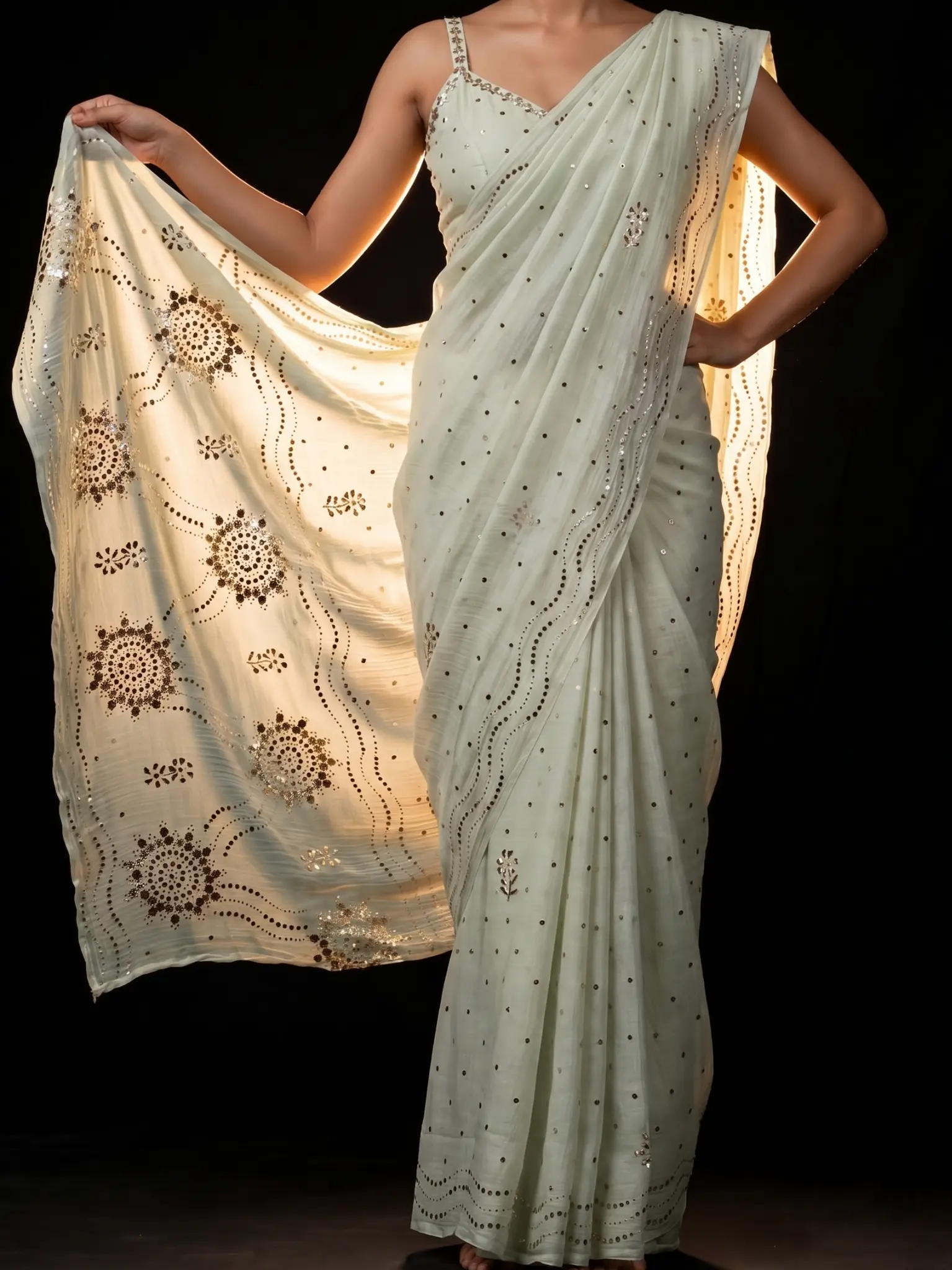 Full-length view of Chandni pale mint Mul Chanderi mukaish saree
