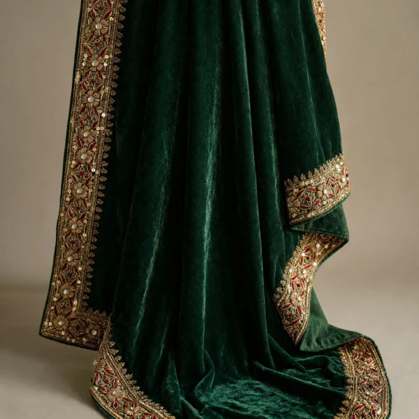 Bahaar emerald green pure silk velvet shawl with gold-toned zardozi border