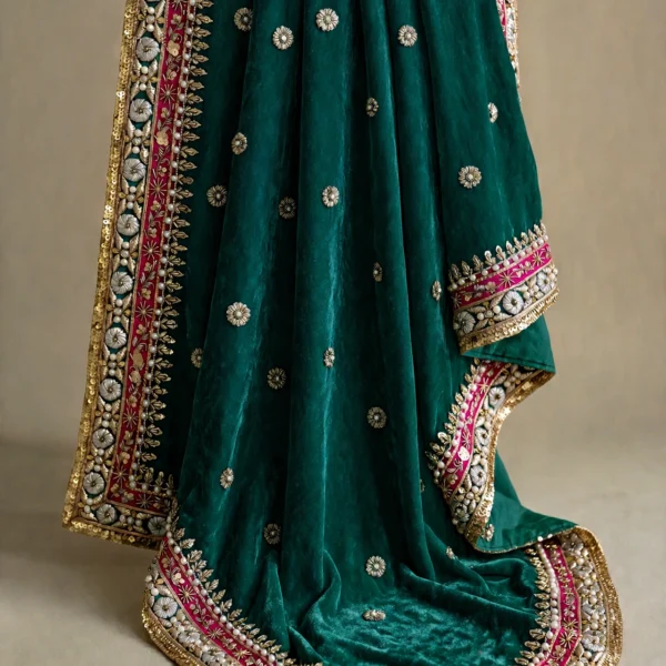 Nazm teal green pure silk velvet shawl with gold-toned zardozi border