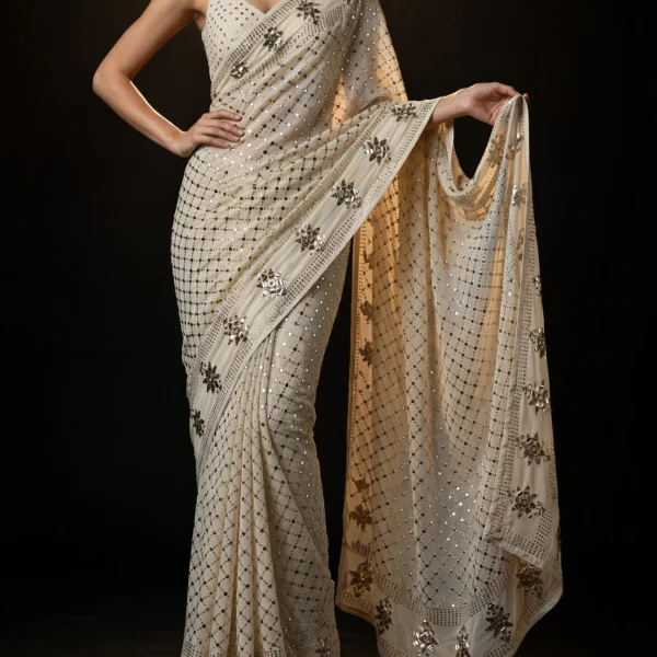 Seher ivory pure georgette mukaish saree portrait