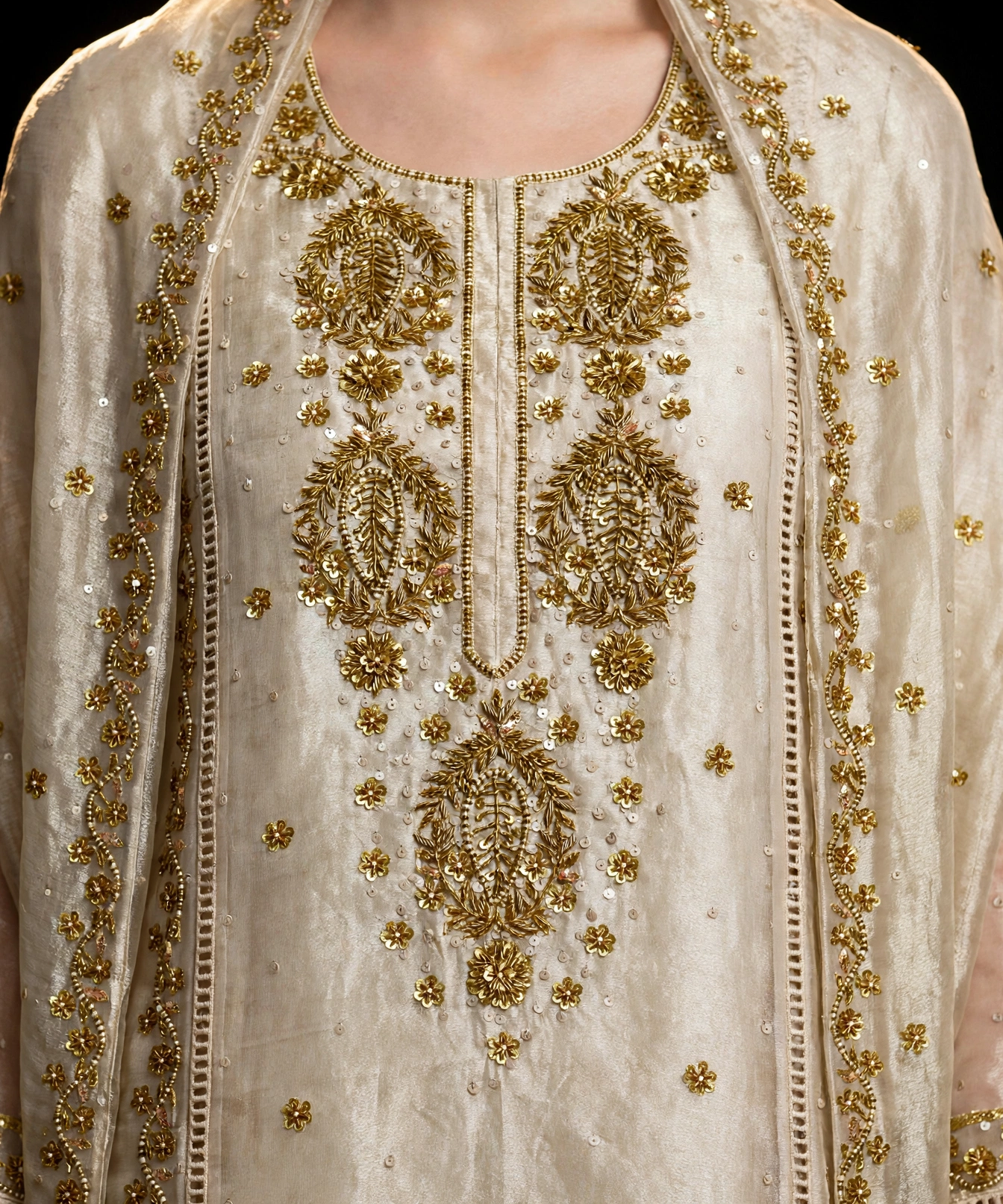 Mahnoor antique-gold handworked neckline detail
