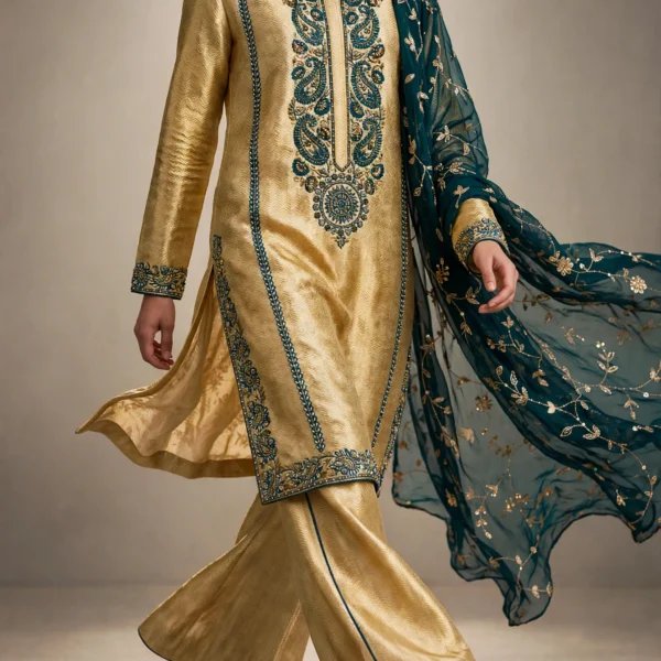 Zareen gold and teal formal silk tissue kurta set