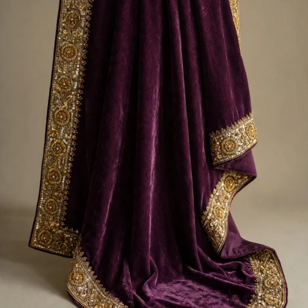 Viola aubergine pure silk velvet shawl with handworked gold zardozi border