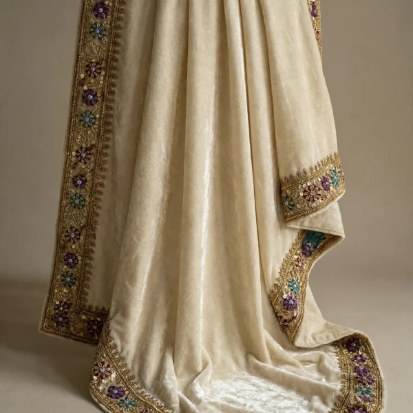 Gul-e-Zamani ivory pure silk velvet shawl with multicolour floral zardozi border