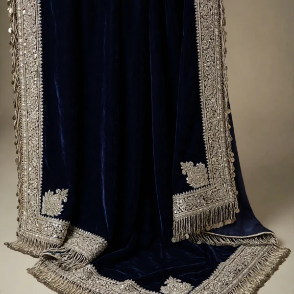 Sapphire midnight navy pure silk velvet shawl with silver-toned zardozi border and ceremonial fringe