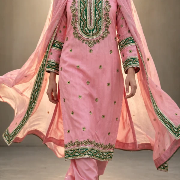 Gul-e-Meher blush pink gota patti and dabka silk kurta set walking view