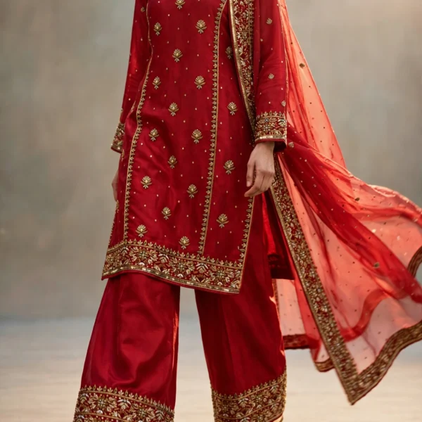 Laavan red pure silk zardozi Farshi salwar bridal ensemble walking view