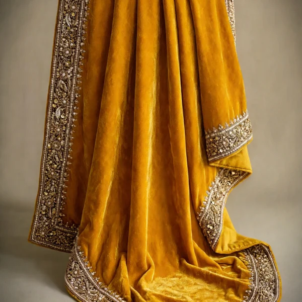 Amber saffron-gold pure silk velvet shawl with handworked floral gold zardozi border