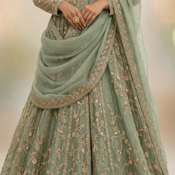 Sylvie sage green zardozi lehenga ensemble