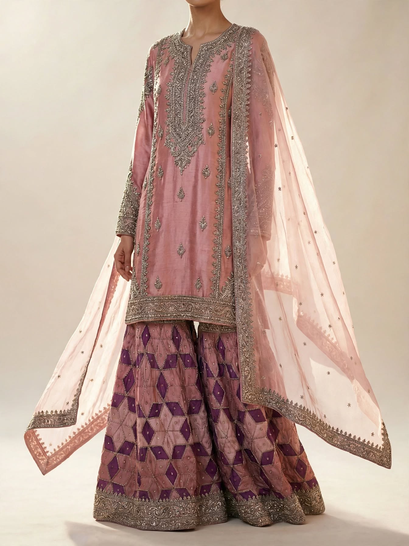 Gul-e-Firdaus dusky rose kurta, chatapati gharara and dupatta full-length view