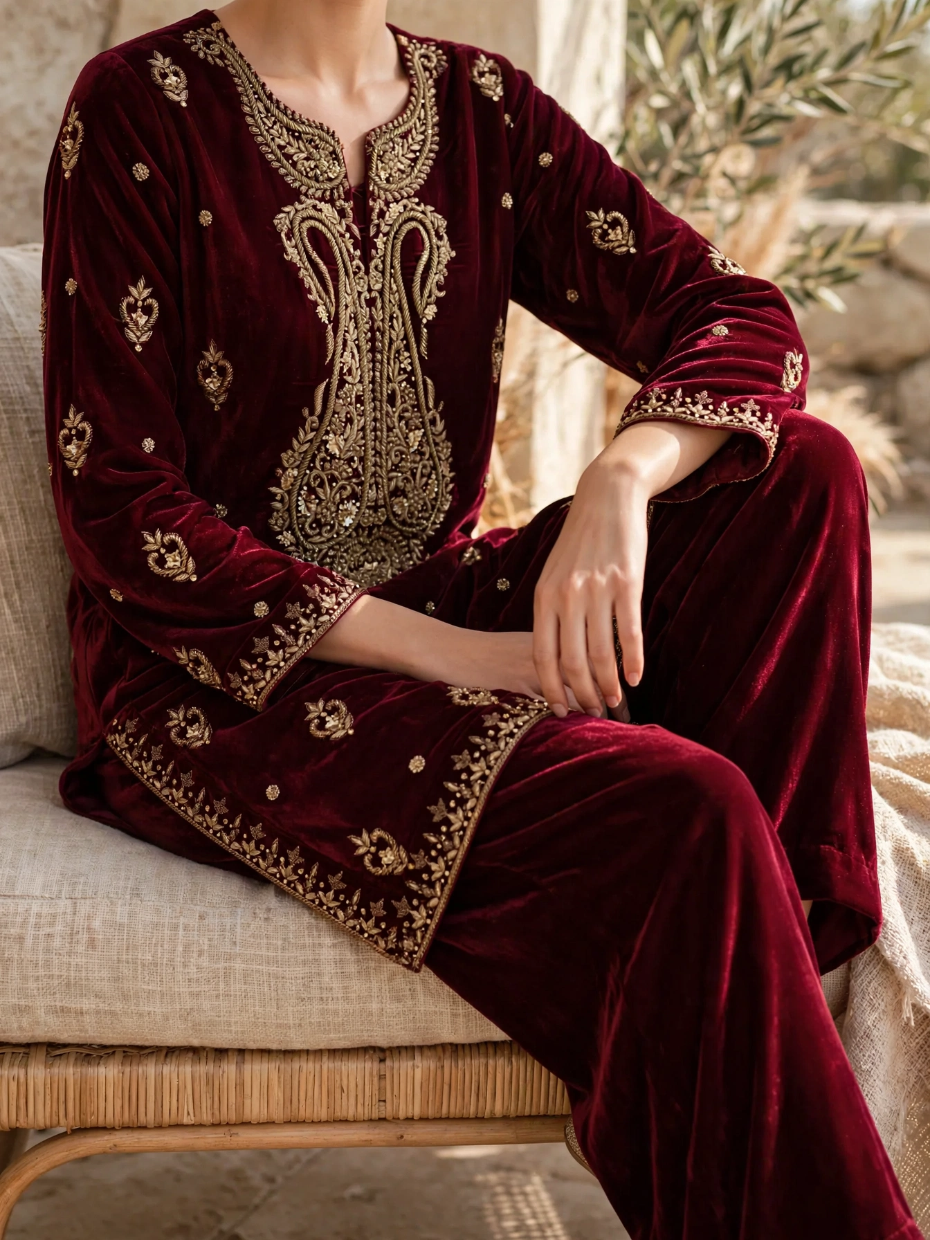 Zar-e-Zamani maroon pure silk velvet kurta with coordinated pants and handcrafted zardozi, editorial view