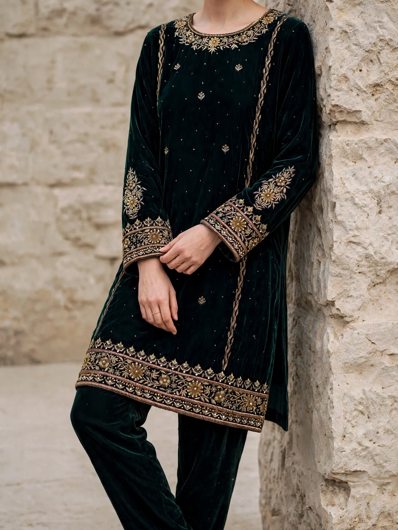 Dark forest green pure silk velvet kurta with handcrafted zardozi, standing editorial view