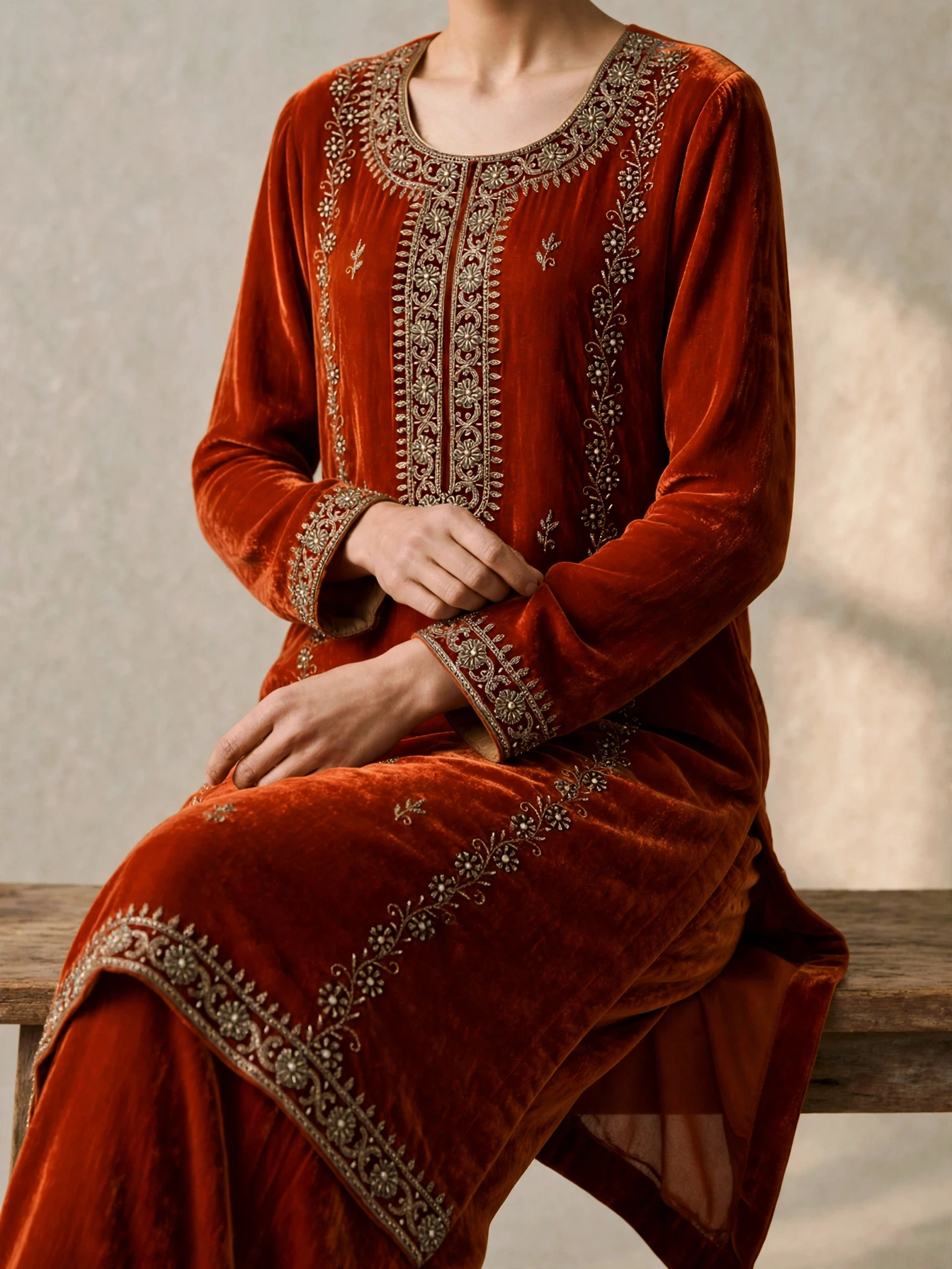 Amber burnt orange pure silk velvet kurta with coordinated pants, editorial view