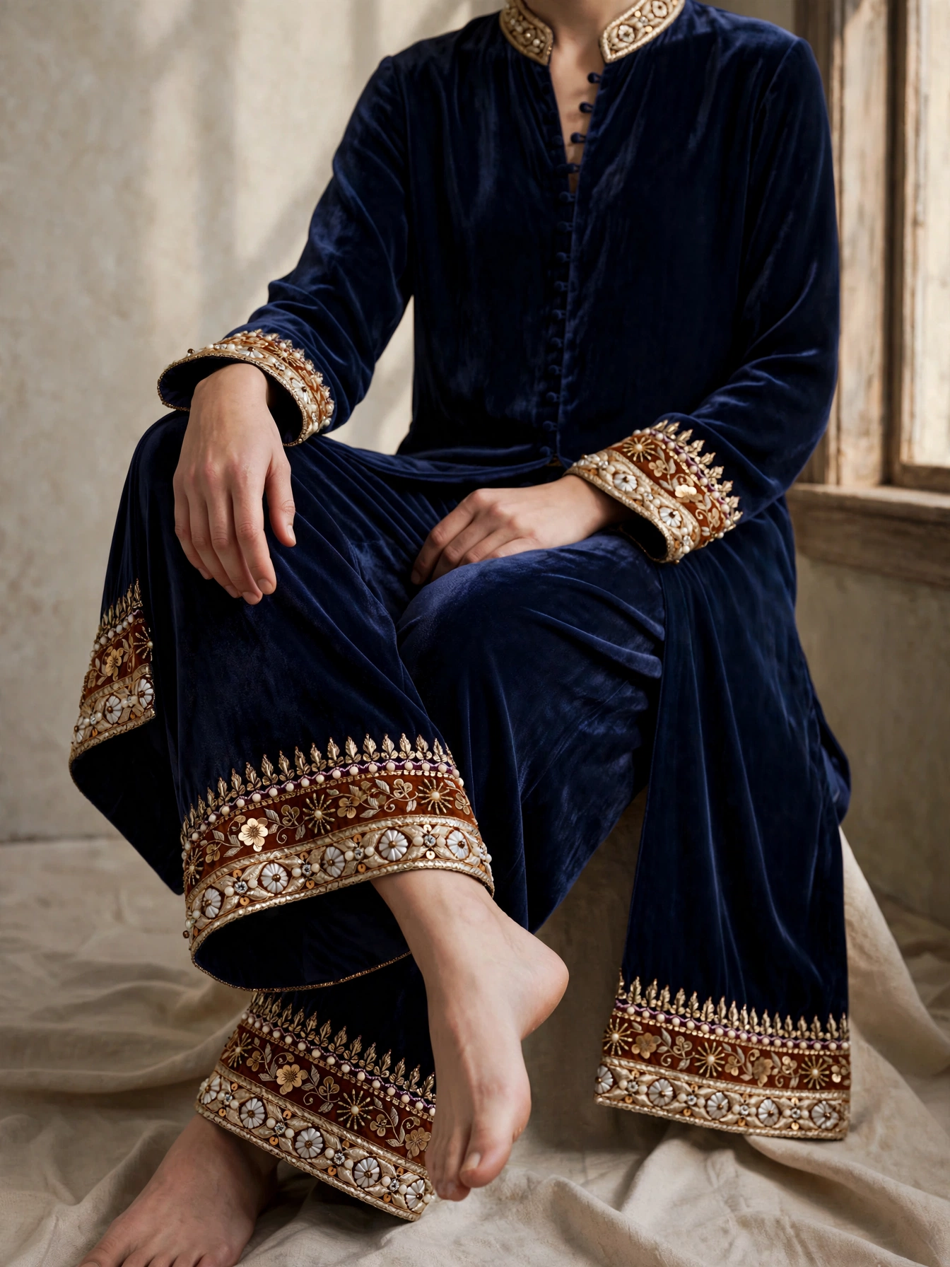 Sapphire midnight navy pure silk velvet kurta set, seated editorial view