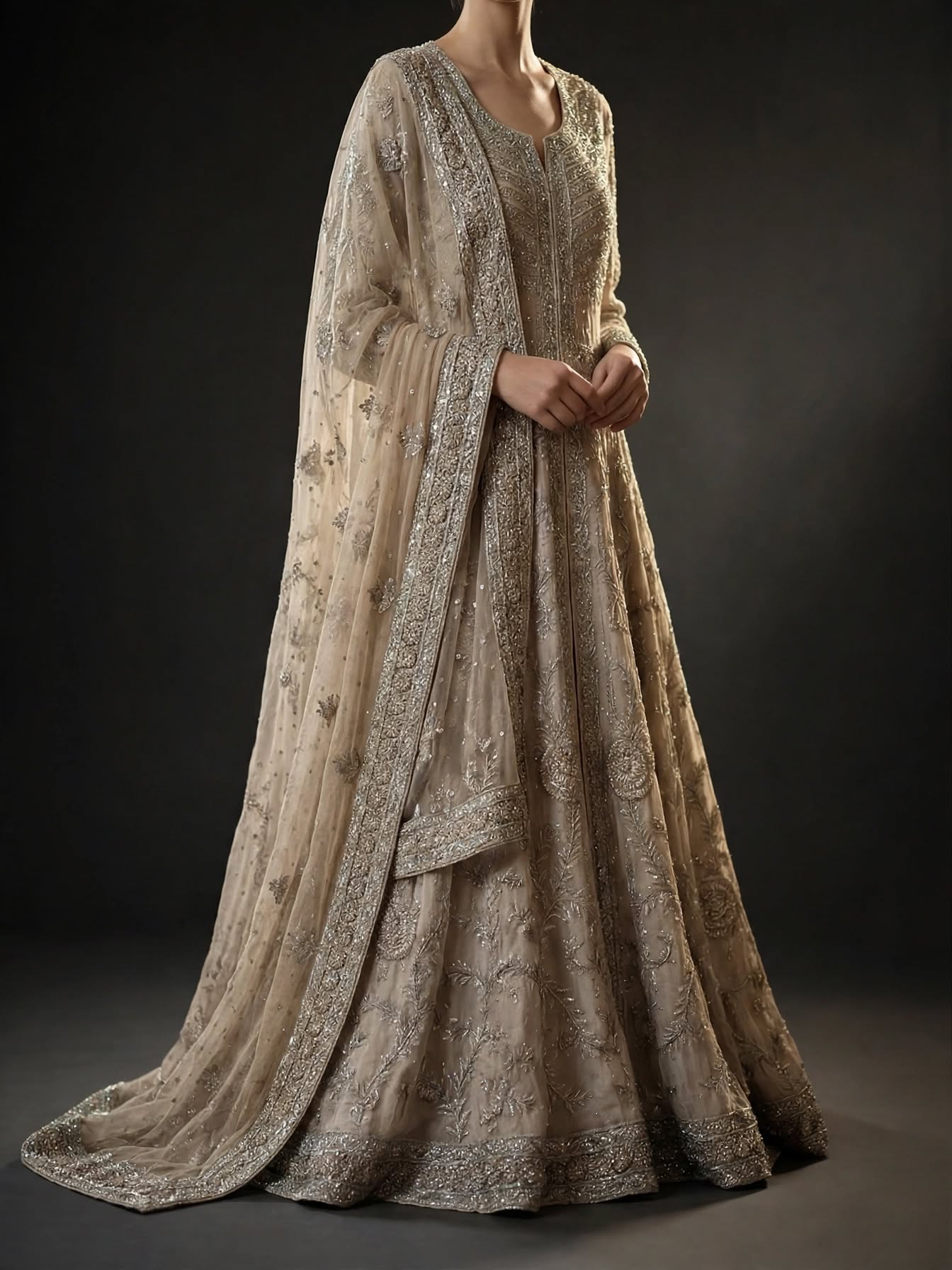 Gulrukh silver zardozi bridal jacket ensemble full-length view