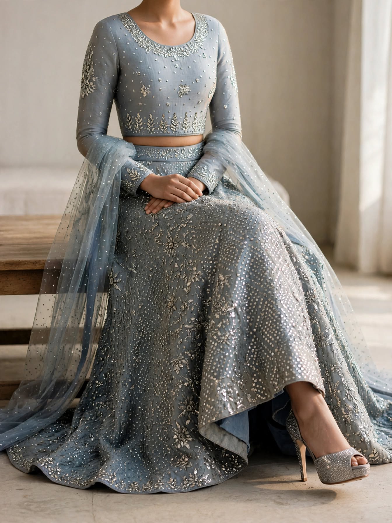 Kehkashan Mukaish and zardozi lehenga ensemble, cross-legged seated view